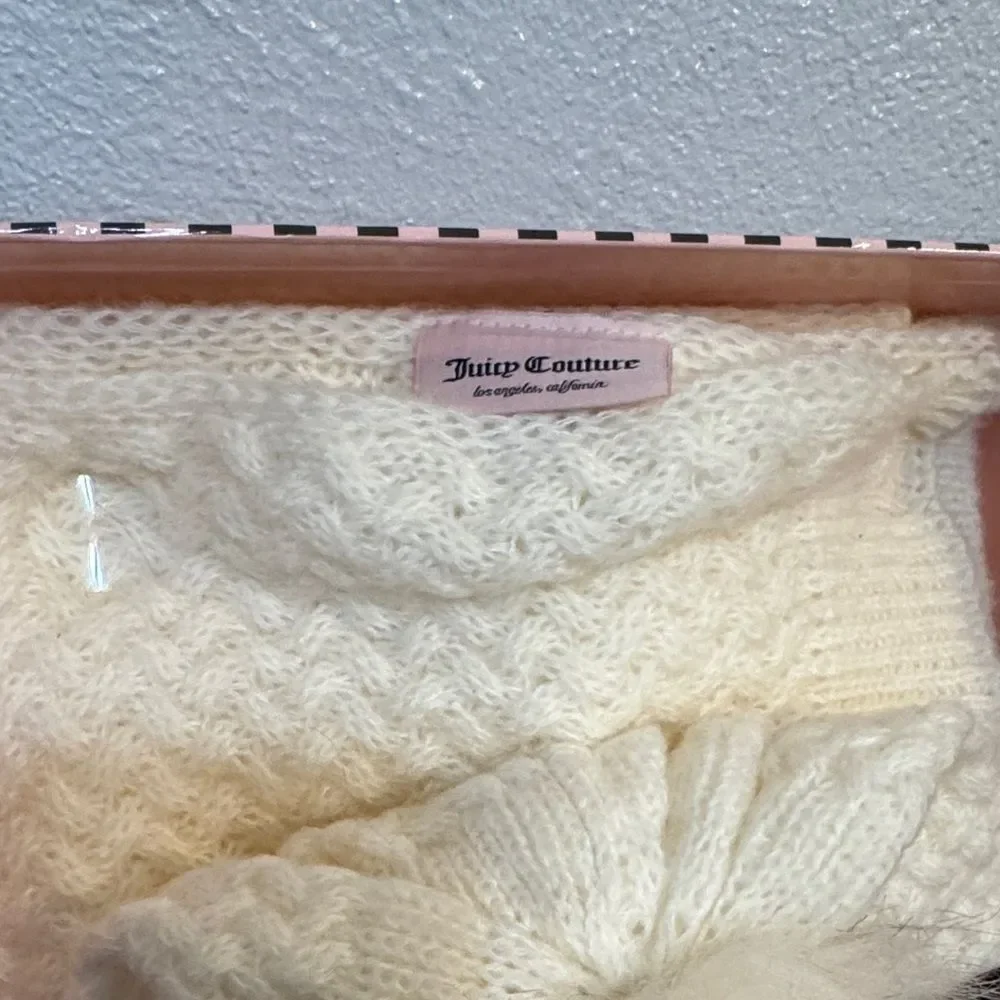 Juicy Couture Beanie Scarf Set Cream Ivory Winter Knit Pom Pom Gift Box Y2K